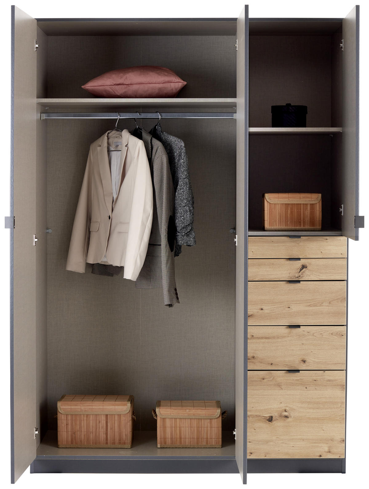 DREHTÜRENSCHRANK in Eichefarben, Dunkelgrau  - Eichefarben/Dunkelgrau, Modern, Holzwerkstoff (136/197/54cm) - Rauch Möbel