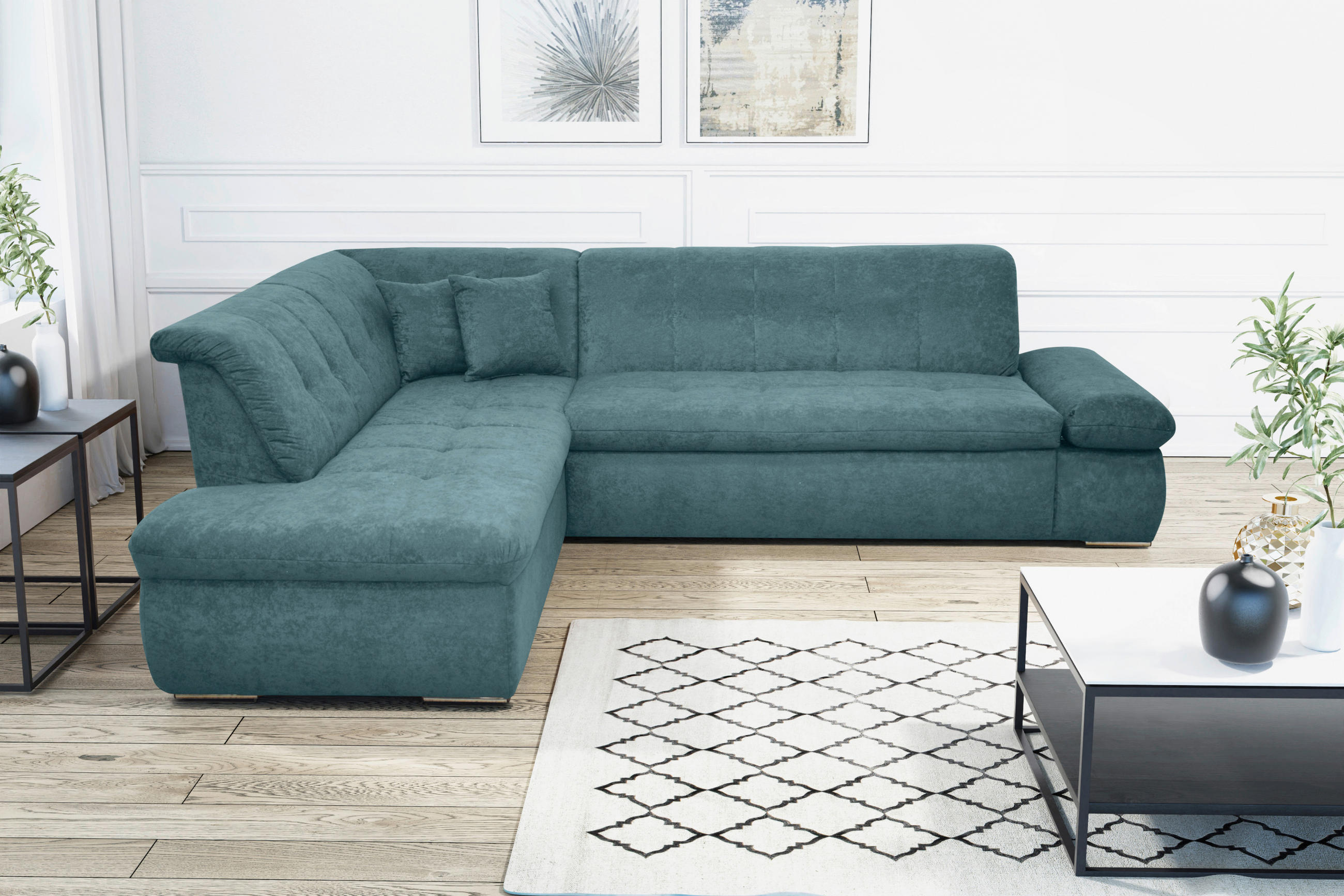 Ecksofa Petrol Mikrofaser - Chromfarben/Petrol, KONVENTIONELL, Textil/Metall (216/273cm) - MID.YOU