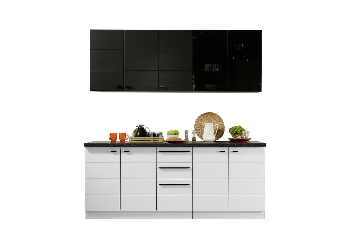 KONYHABLOKK GÉPEK NÉLKÜL 200/51/31/200 cm  - fekete/fehér, Basics, faalapú anyag/Üveg (200/51/31/200cm) - Carryhome