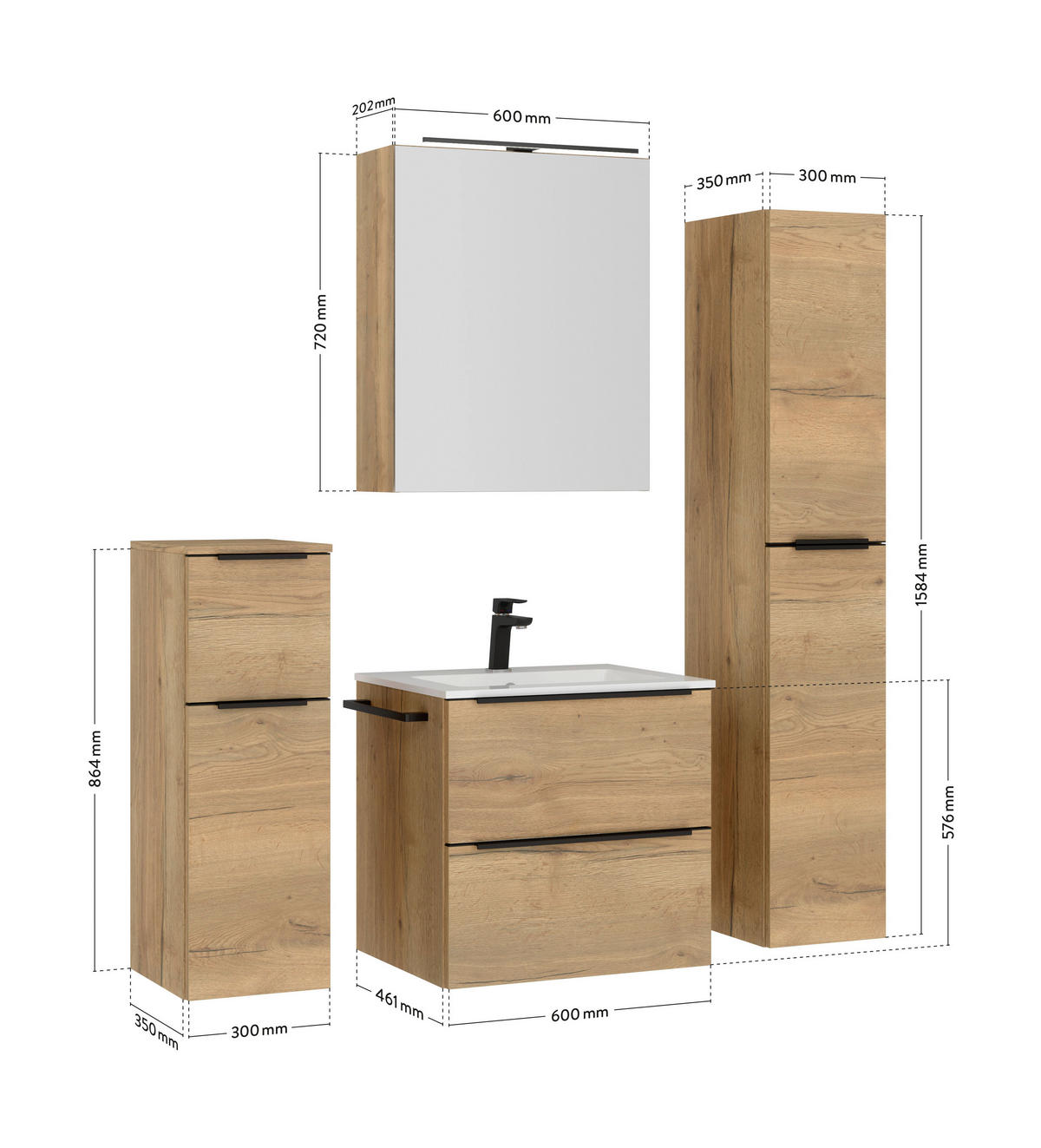 BADEZIMMER  in 61 cm  - Eichefarben/Schwarz, MODERN, Holzwerkstoff/Stein (61cm) - Nobilia