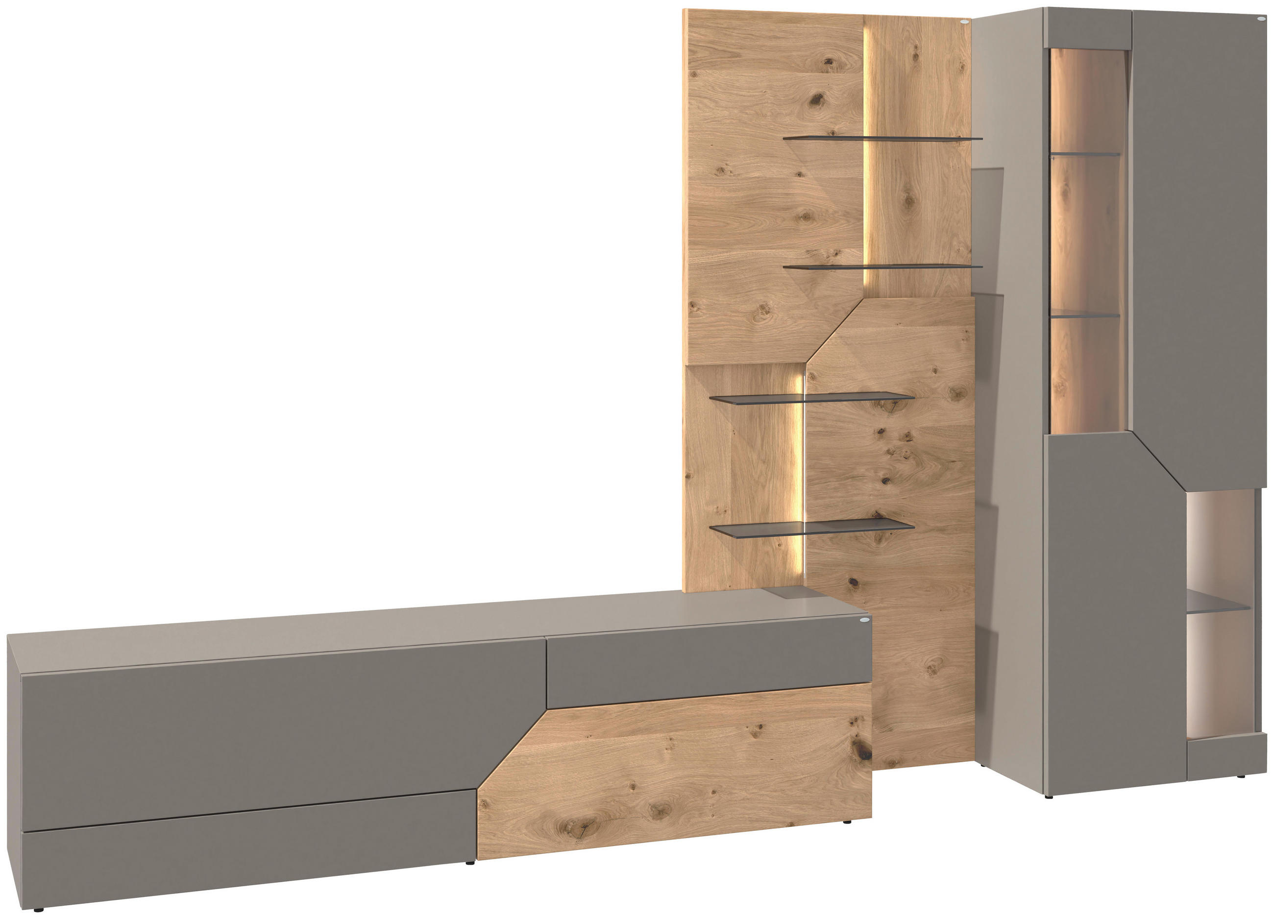 WOHNWAND 3-teilig  in Grau, Wildeiche  304/194/44,5 cm  - Wildeiche/Grau, Design, Glas/Holz (304/194/44,5cm) - Voglauer