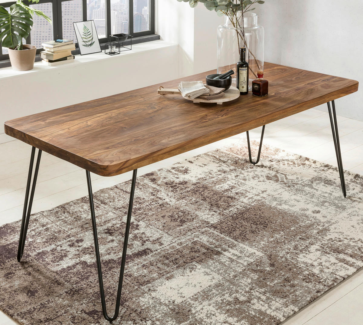 ESSTISCH Sheesham massiv rechteckig Sheeshamfarben  - Sheeshamfarben/Schwarz, Design, Holz/Metall (200/80/76cm) - MID.YOU