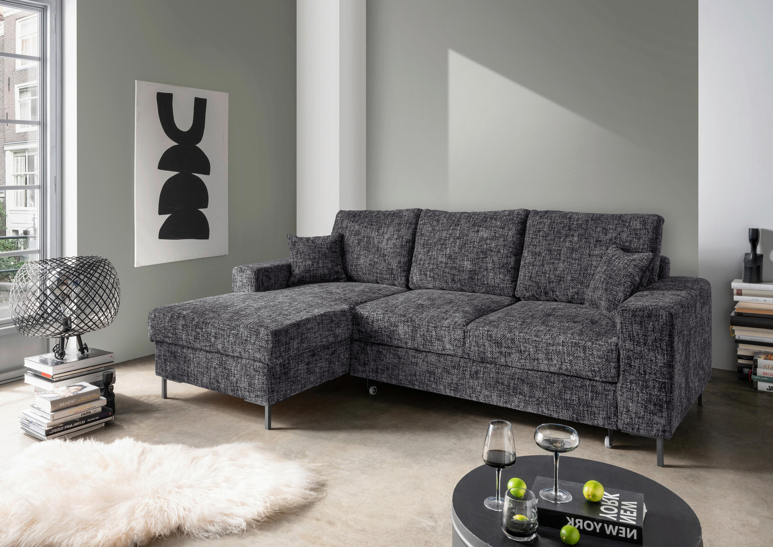 ECKSCHLAFSOFA  mit Rücken echt Struktur Schwarz  - Schwarz, KONVENTIONELL, Textil/Metall (143/237cm) - Livetastic