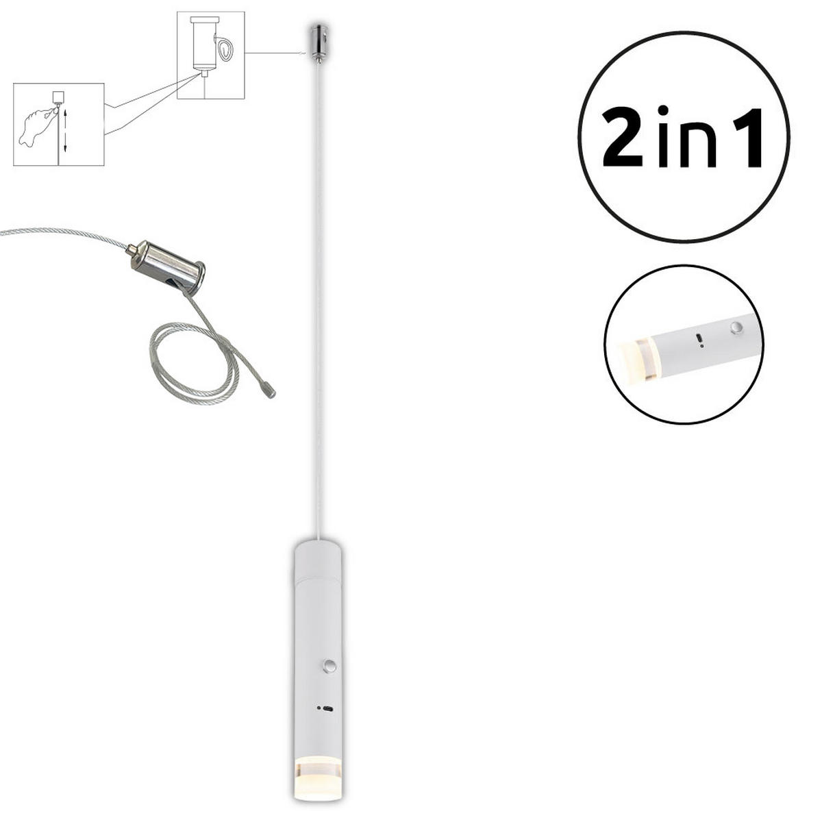 AKKU-LED-HÄNGELEUCHTE Nowa 3,8/120 cm   - Klar/Weiß, Basics, Kunststoff/Metall (3,8/120cm) - Novel