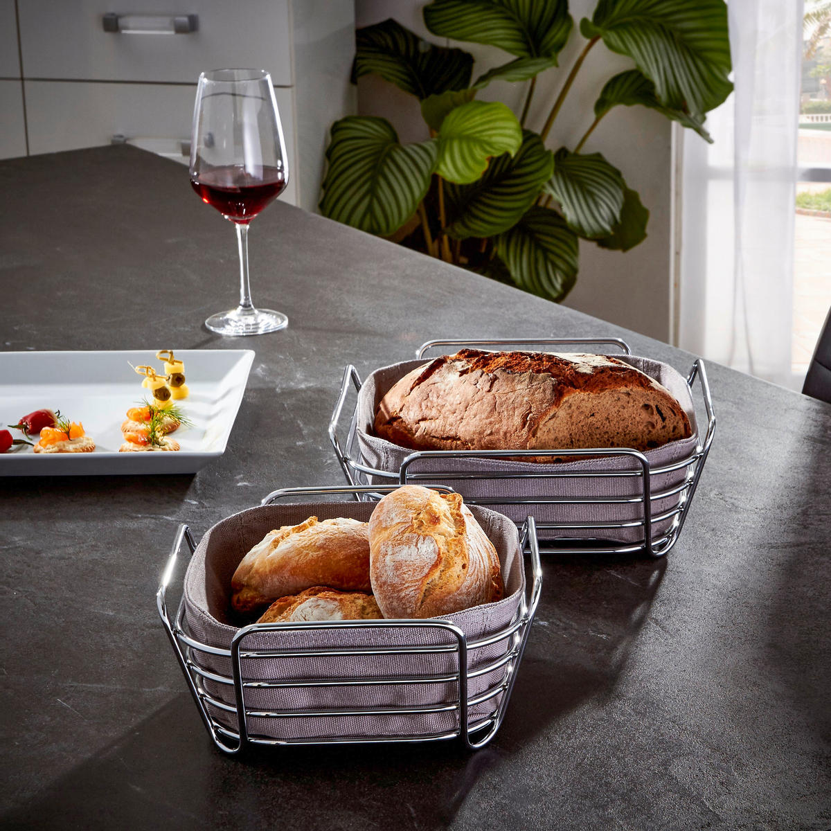 BROTKORB - Taupe/Silberfarben, Basics, Textil/Metall (25,7/9,3/25,7cm) - Blomus