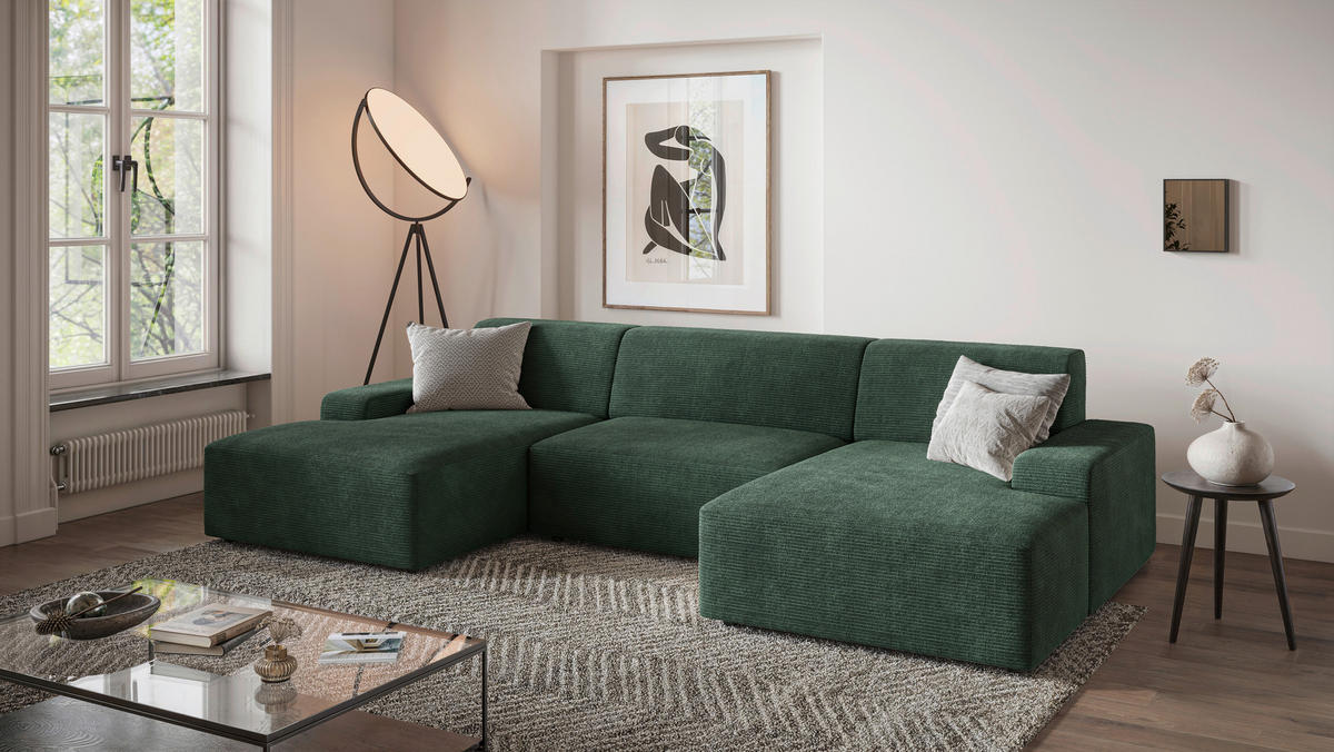 WOHNLANDSCHAFT in Cord Dunkelgrün  - Dunkelgrün/Schwarz, Modern, Kunststoff/Textil (162/329/162cm) - Trendmanufaktur
