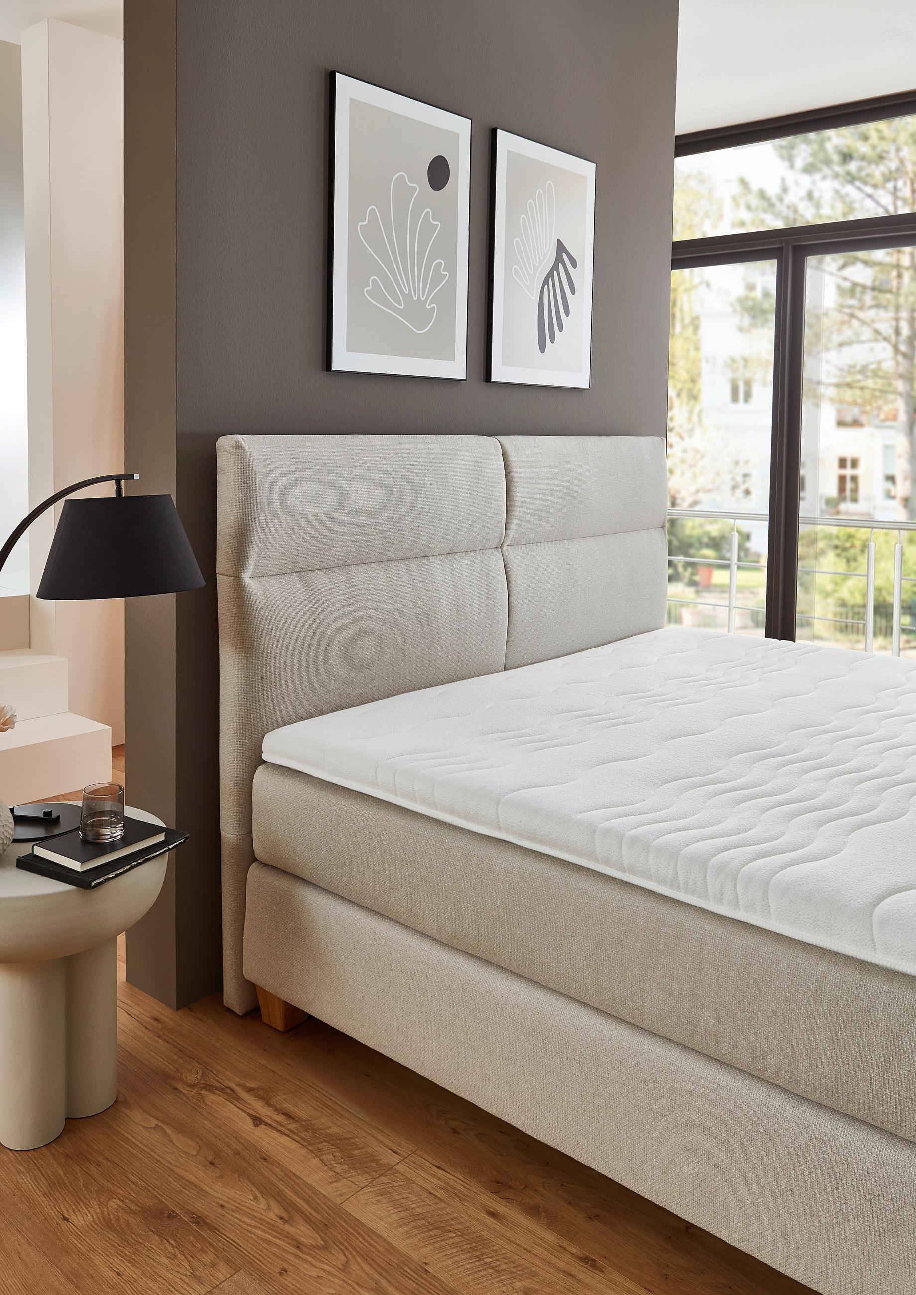 Thumbnail - Beldomo - Sleep Boxspringbett, Beige, Textil, Buche, massiv, H2 + H3, 7-Zonen, Höhe ca. 21 cm, 160x200 cm, gepolstertes ...