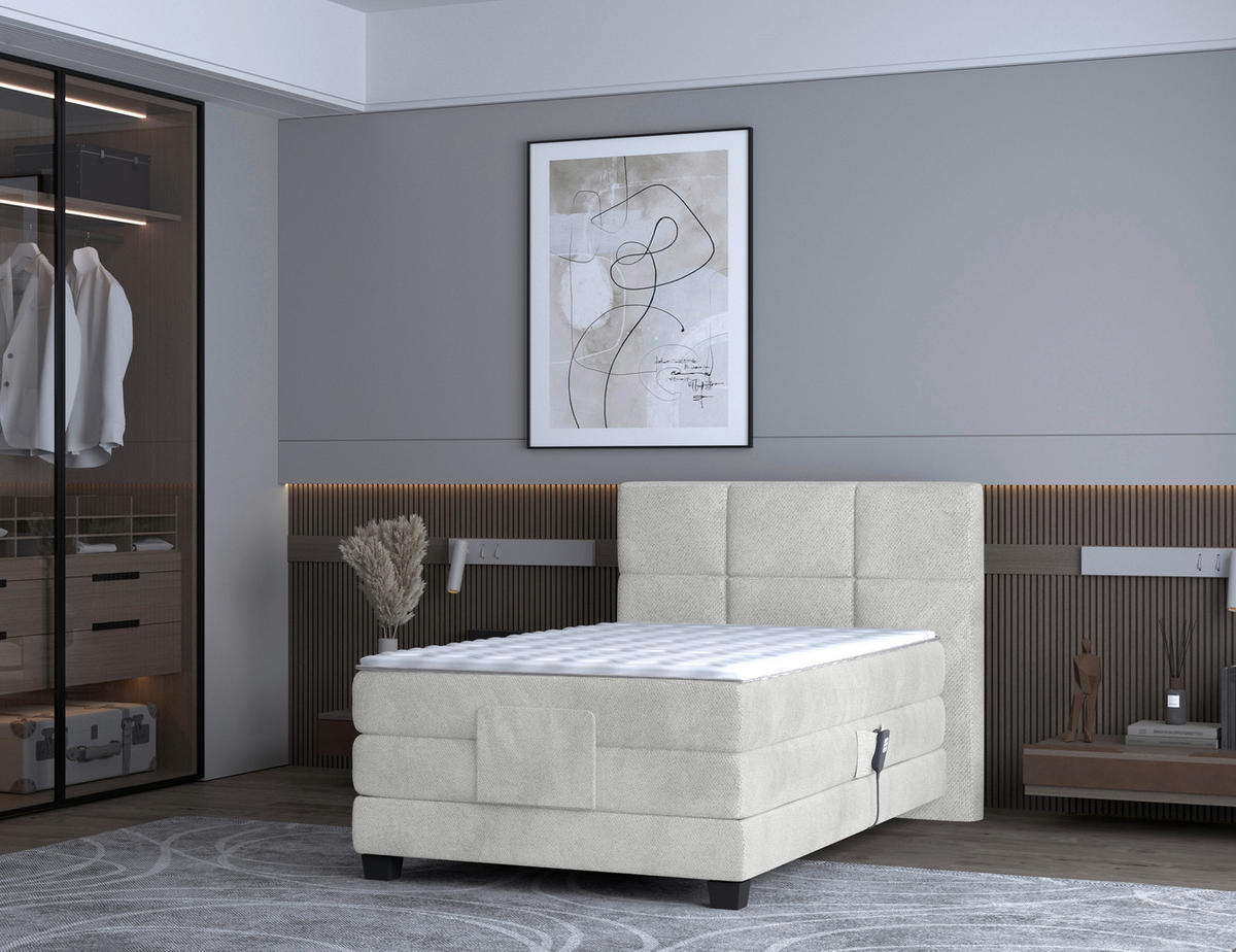 BOXSPRINGBETT 120/200 cm,  in Creme, Matratze, Topper, motorische Verstellbarkeit, Fernbedienung, H3 = fest  - Creme/Schwarz, KONVENTIONELL, Holz/Kunststoff (120/200cm) - Chameo