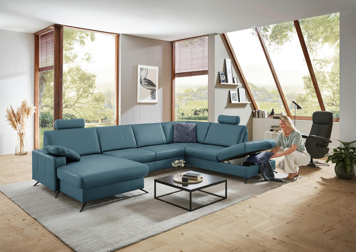 WOHNLANDSCHAFT in Echtleder Blau  - Blau/Schwarz, Design, Leder/Metall (165/339/233cm) - Beldomo Premium