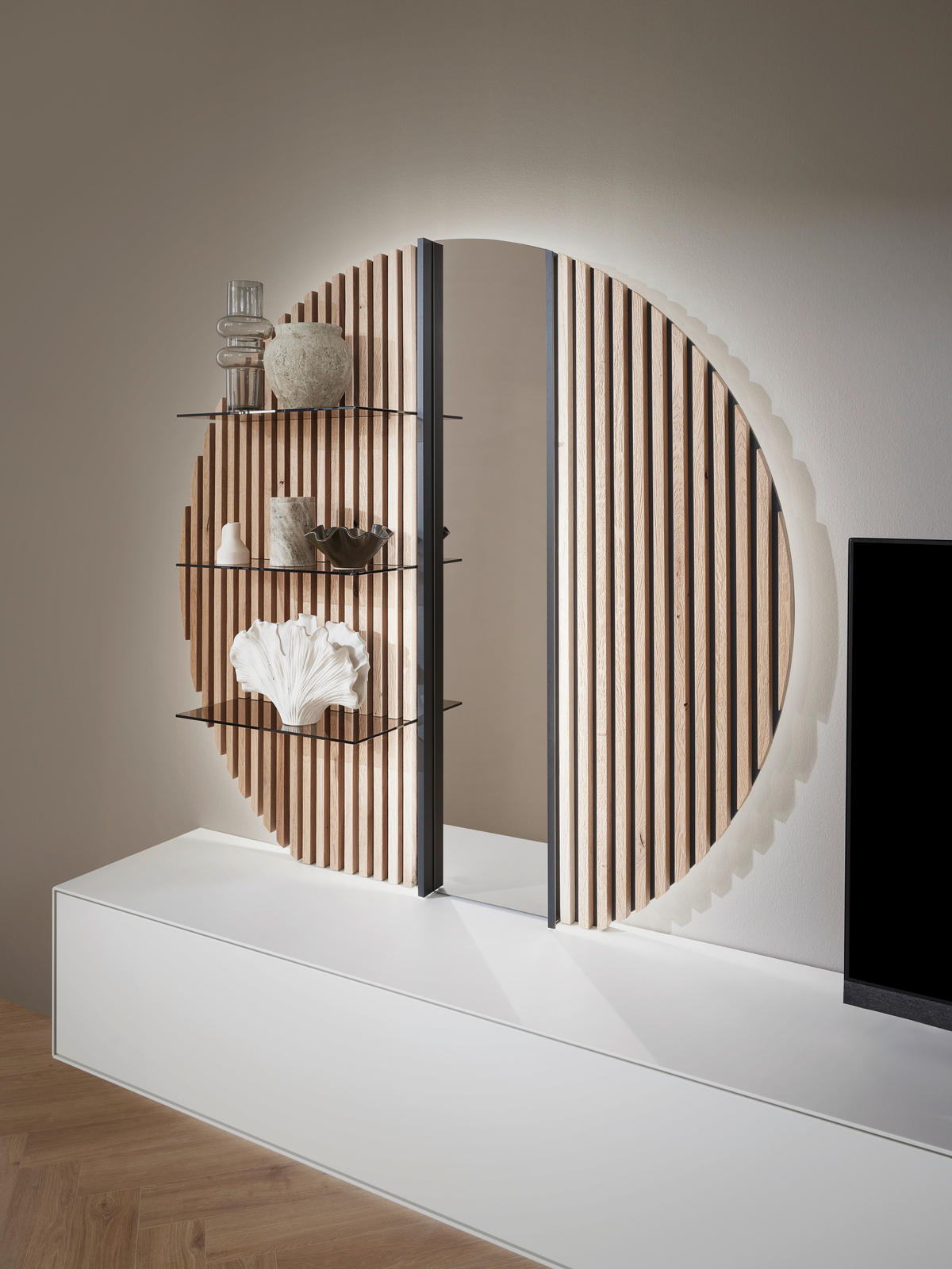 WOHNWAND  in Weiss, Eichefarben 288/206/44 cm  - Weiss/Eichefarben, Design, Glas/Holz (288/206/44cm) - Johann Jakob