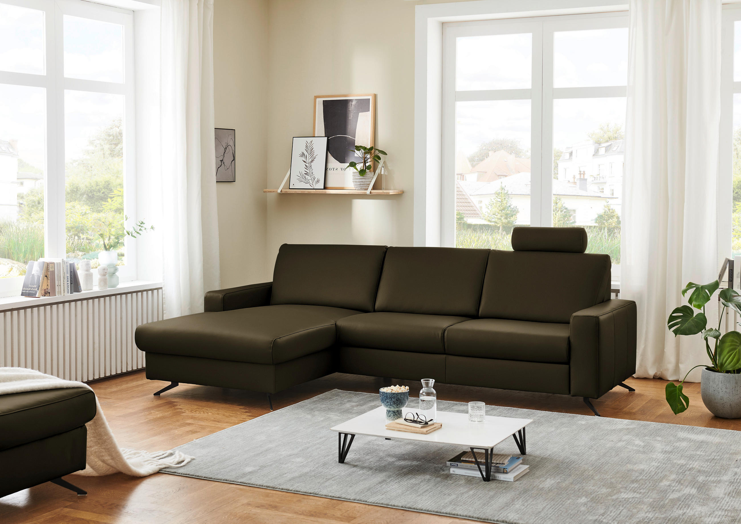 ECKSOFA in Echtleder Grün  165/267 cm  - Schwarz/Grün, Design, Leder/Metall (165/267cm) - Lomoco