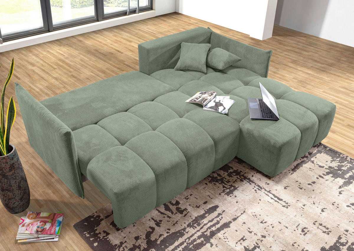 ECKSOFA Salbeigrün Plüsch Zierkissen, Rückenkissen, Bettkasten, Schlaffunktion, Rücken echt, Liegefläche im Originalstoff  - Salbeigrün/Schwarz, KONVENTIONELL, Kunststoff/Textil (253/192cm) - Carryhome