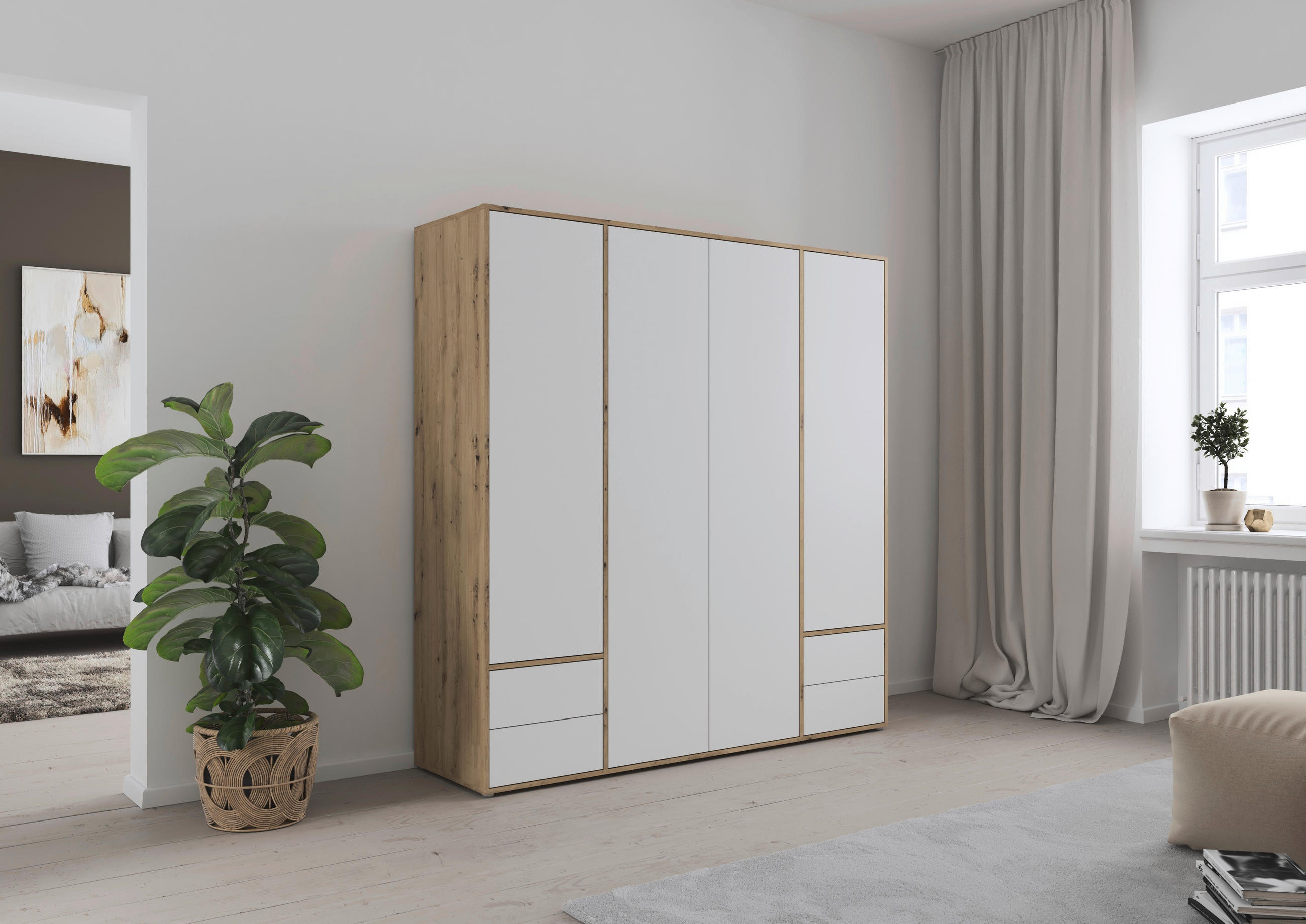 DREHTÜRENSCHRANK 187/194/53 cm 4-türig Weiß, Eiche Artisan  - Weiß/Eiche Artisan, MODERN, Holzwerkstoff (187/194/53cm) - Rauch Möbel