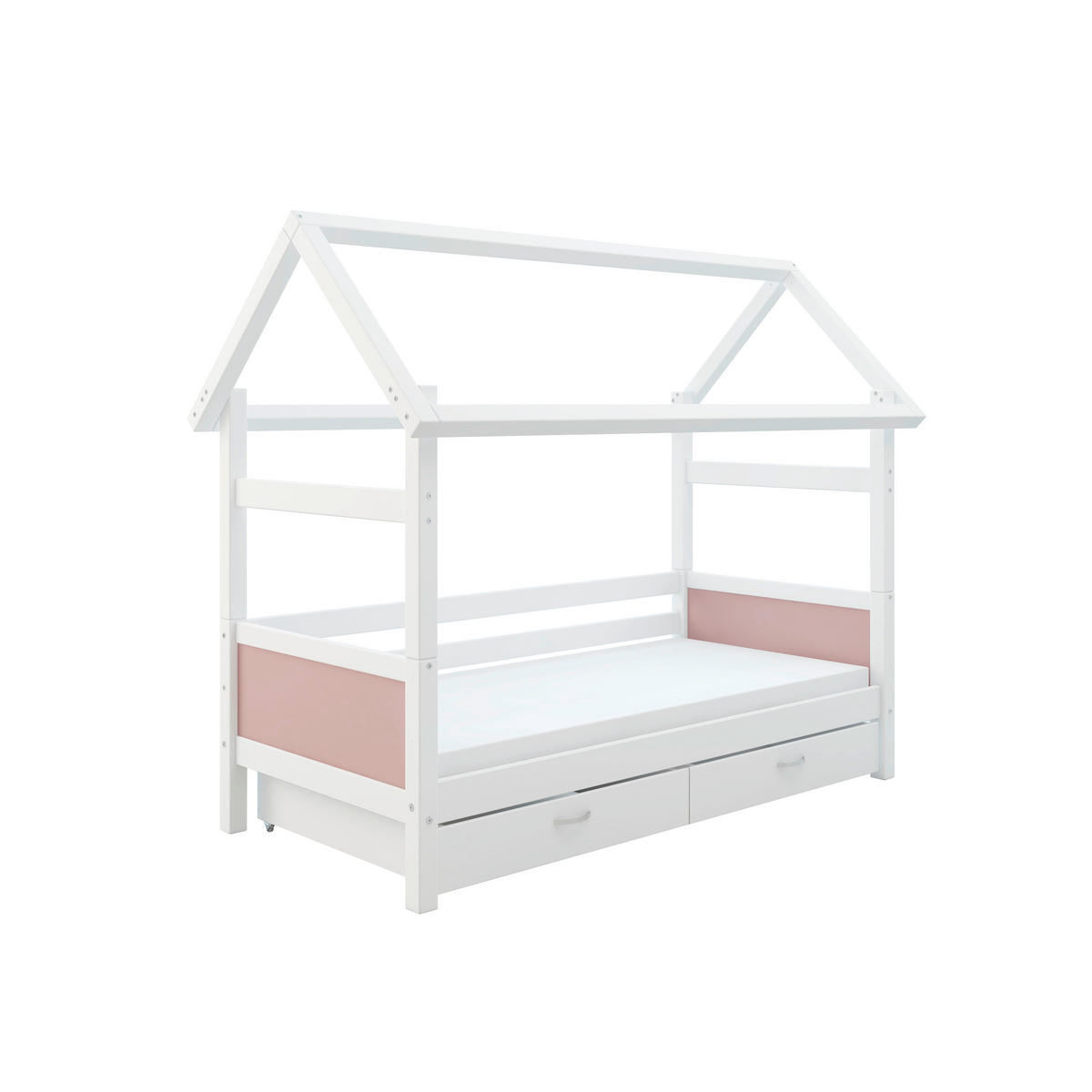 HAUSBETT 90/200 cm,  in Rosa, Weiß, Rollrost, Bettschublade  - Rosa/Weiß, MODERN, Holz (90/200cm) - Chameo