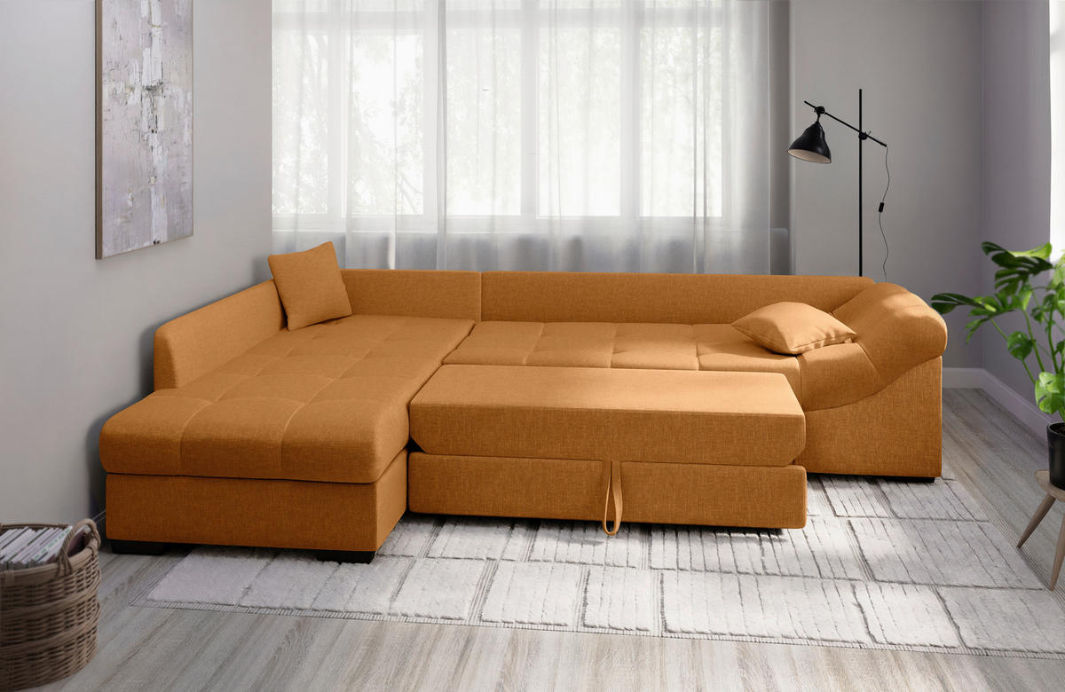 ECKSCHLAFSOFA Goldfarben Mikrofaser  - Goldfarben/Schwarz, MODERN, Holz/Textil (202/298cm) - MID.YOU