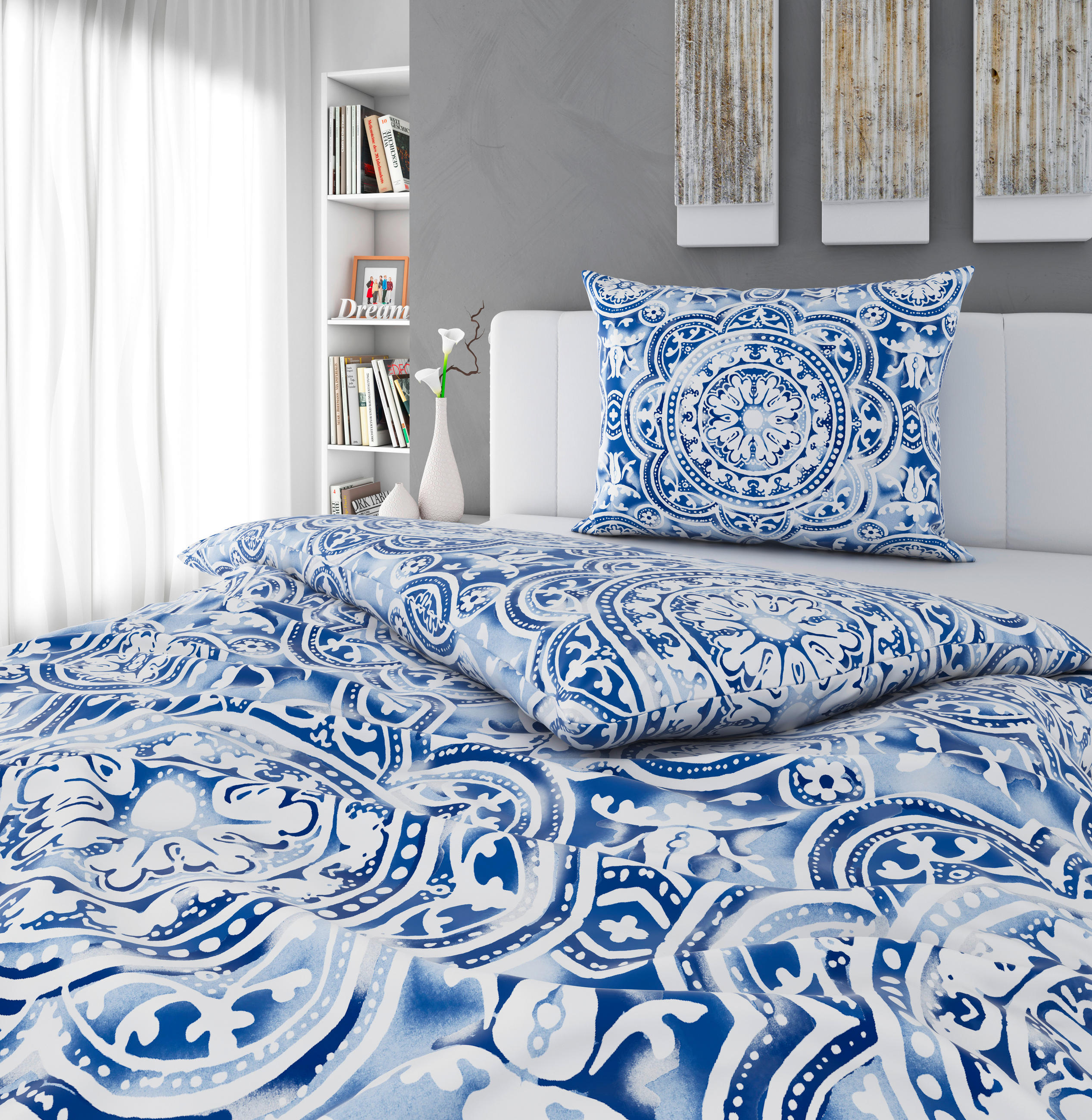 POSTEĽNÁ BIELIZEŇ, satén, biela, tmavomodrá, 140/200 cm - biela/tmavomodrá, Konventionell, textil (140/200cm) - Esposa