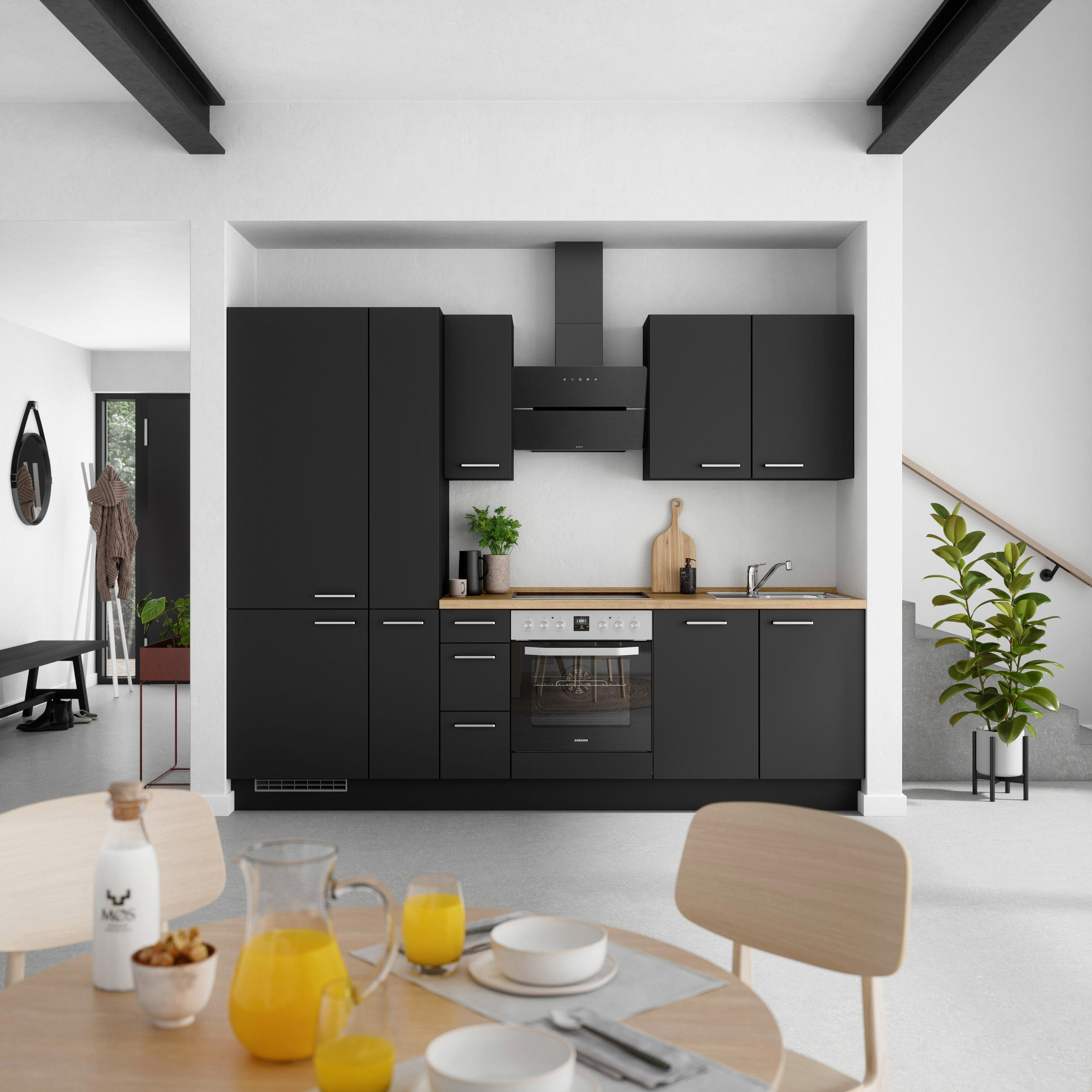 KÜCHENBLOCK 270 cm   in Schwarz, Eichefarben  - Edelstahlfarben/Eichefarben, MODERN, Holzwerkstoff/Metall (270cm) - Nobilia