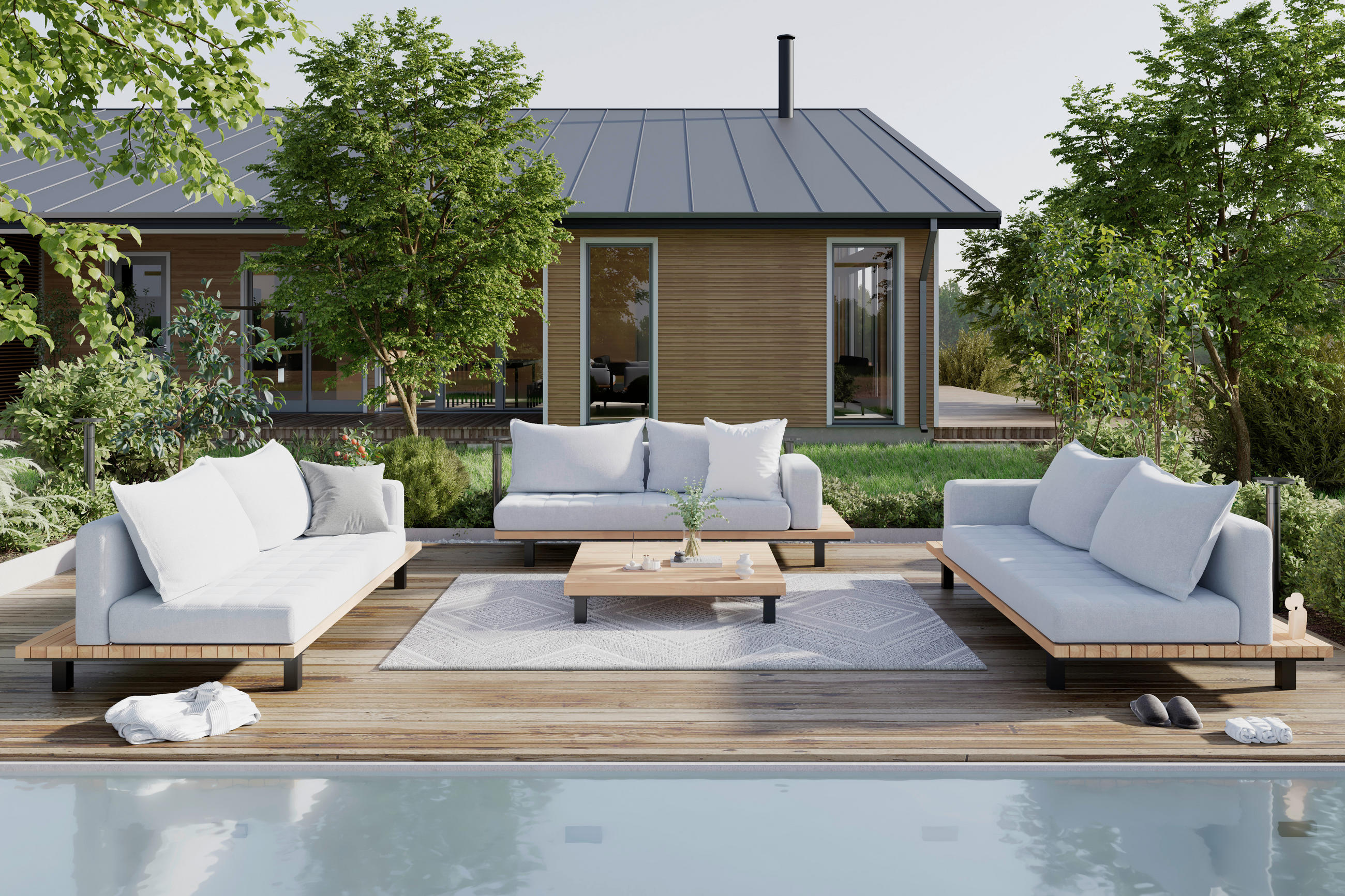 LOUNGEGARNITUR 4-teilig   195/105/78 cm Teakholz Aluminium  - Schwarz/Teakfarben, MODERN, Holz/Textil (195/105/78cm) - Ambia Garden