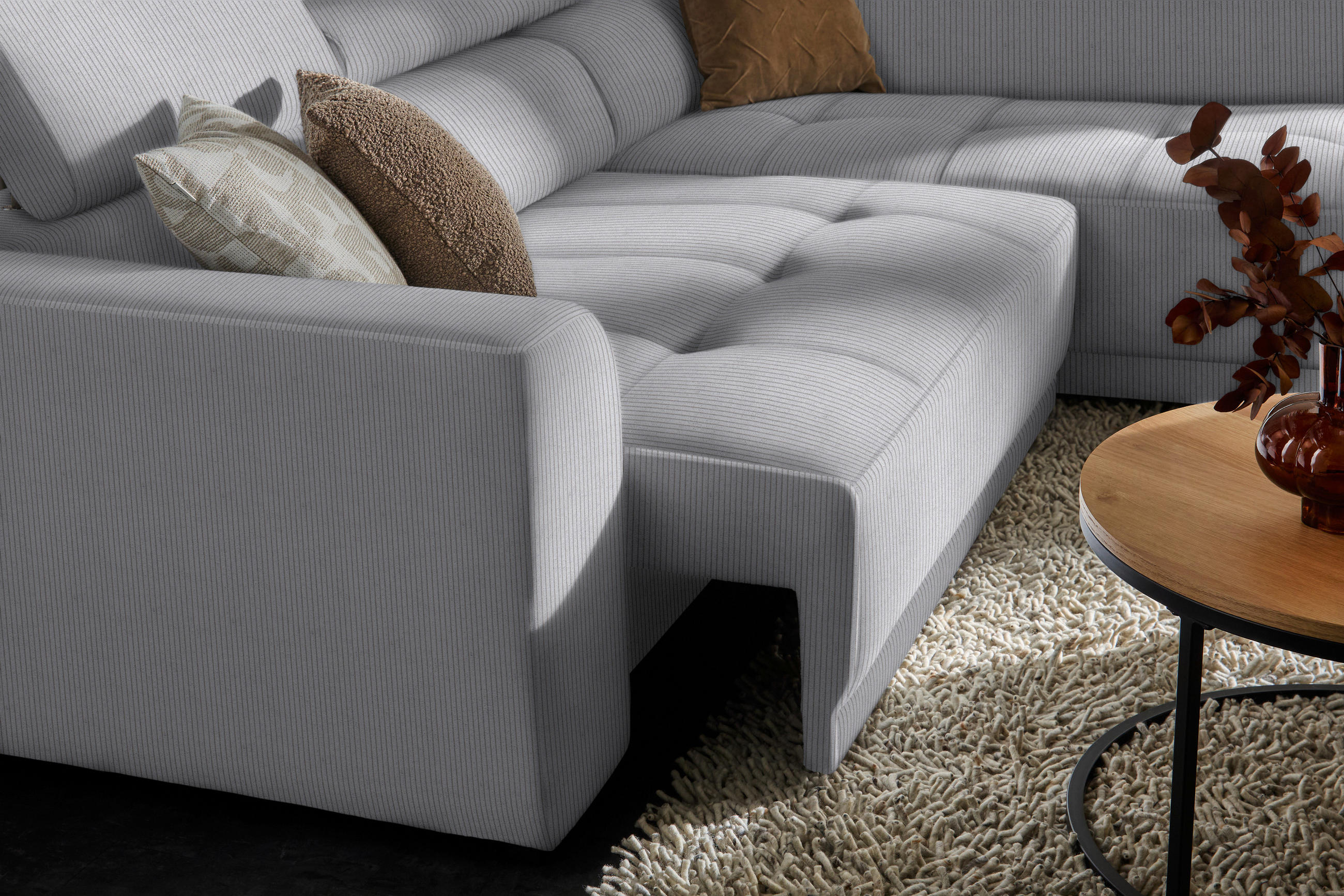 ECKSOFA in Feincord Hellgrau  - Hellgrau/Schwarz, Design, Kunststoff/Textil (284/205cm) - MID.YOU