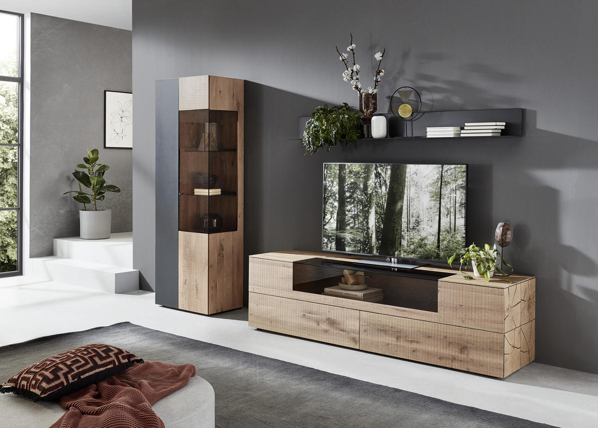 WOHNWAND  in Anthrazit, Eichefarben  296/206/55 cm  - Edelstahlfarben/Eichefarben, Natur, Glas/Holz (296/206/55cm) - Valnatura