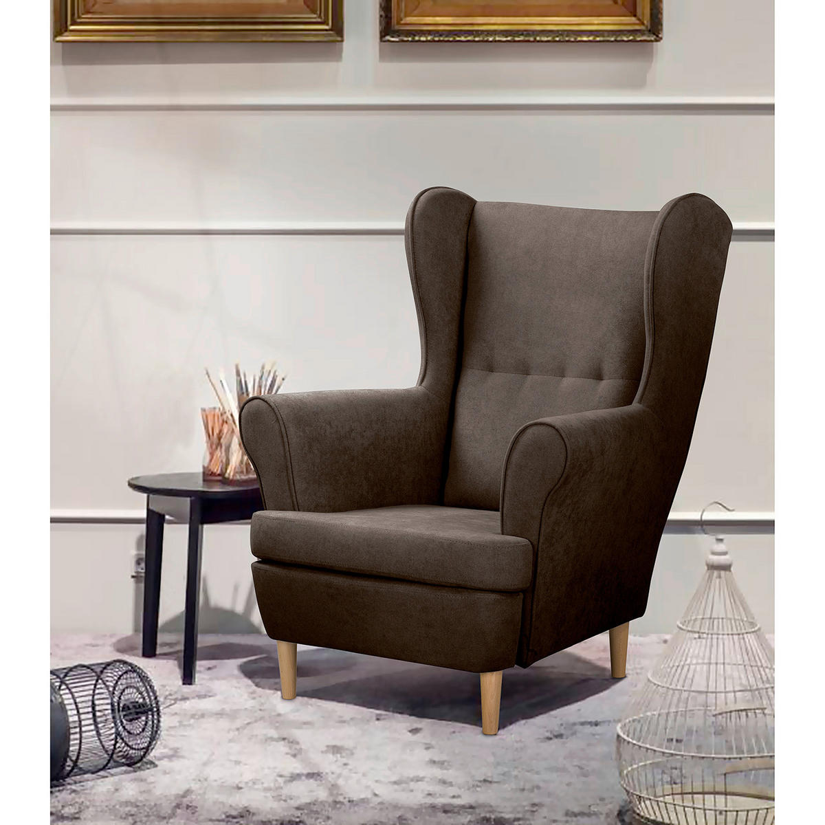 OHRENSESSEL in Mikrofaser Graubraun  - Graubraun/Naturfarben, Design, Holz/Textil (87/105/90cm) - Livetastic