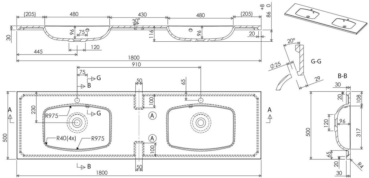 WASCHTISCHKOMBI 180 cm  - Weiß Hochglanz/Weiß, Basics, Holzwerkstoff/Stein (180cm) - MID.YOU