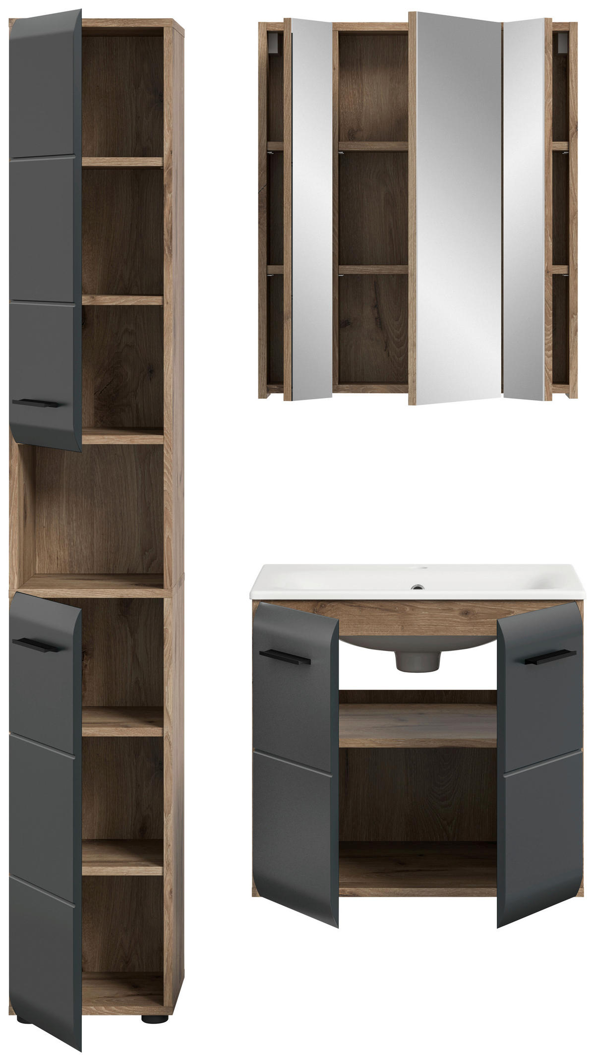 BADEZIMMER 3-teilig  in 90 cm  - Eiche dunkel/Schwarz, Basics, Holzwerkstoff/Kunststoff (90cm) - MID.YOU