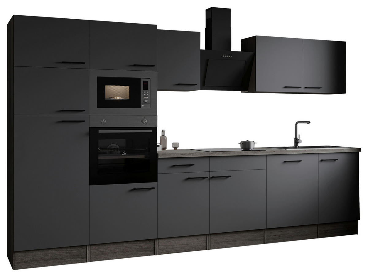 KÜCHENBLOCK 340 cm   in Grau, Eichefarben  - Eichefarben/Schwarz, Design, Holzwerkstoff/Metall (340cm) - Respekta