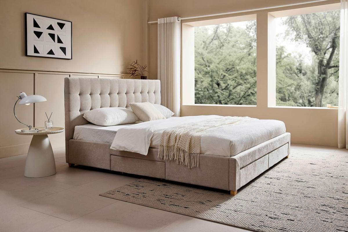 POLSTERBETT 140/200 cm, inkl. gepolstertes Kopfteil, Lattenrost, Bettschubladen,  in Beige  - Beige/Naturfarben, Design, Holz/Textil (140/200cm) - Boxxx
