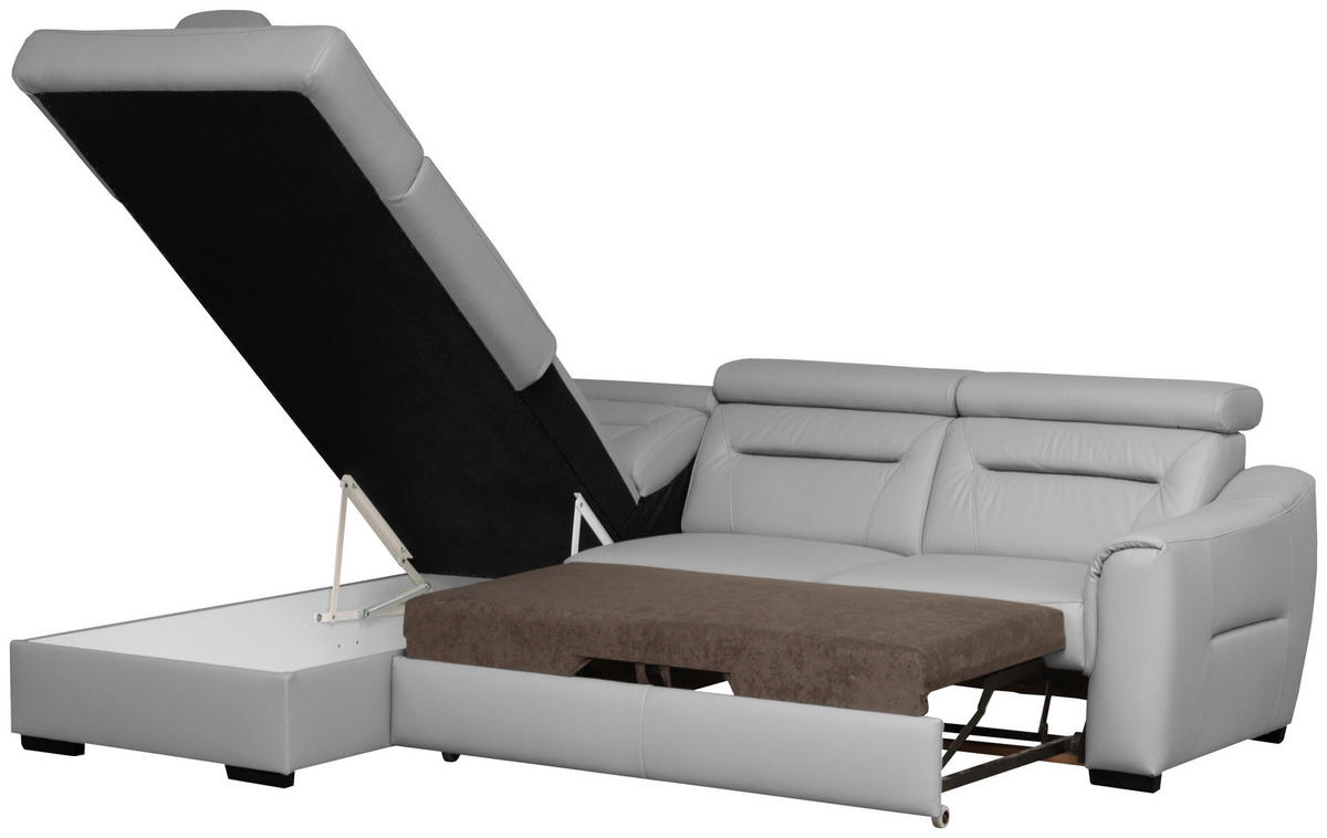 ECKSOFA  in Lederlook Echtleder Platinfarben  - Platinfarben/Wengefarben, Design, Leder/Holz (212/260cm) - Celina Home