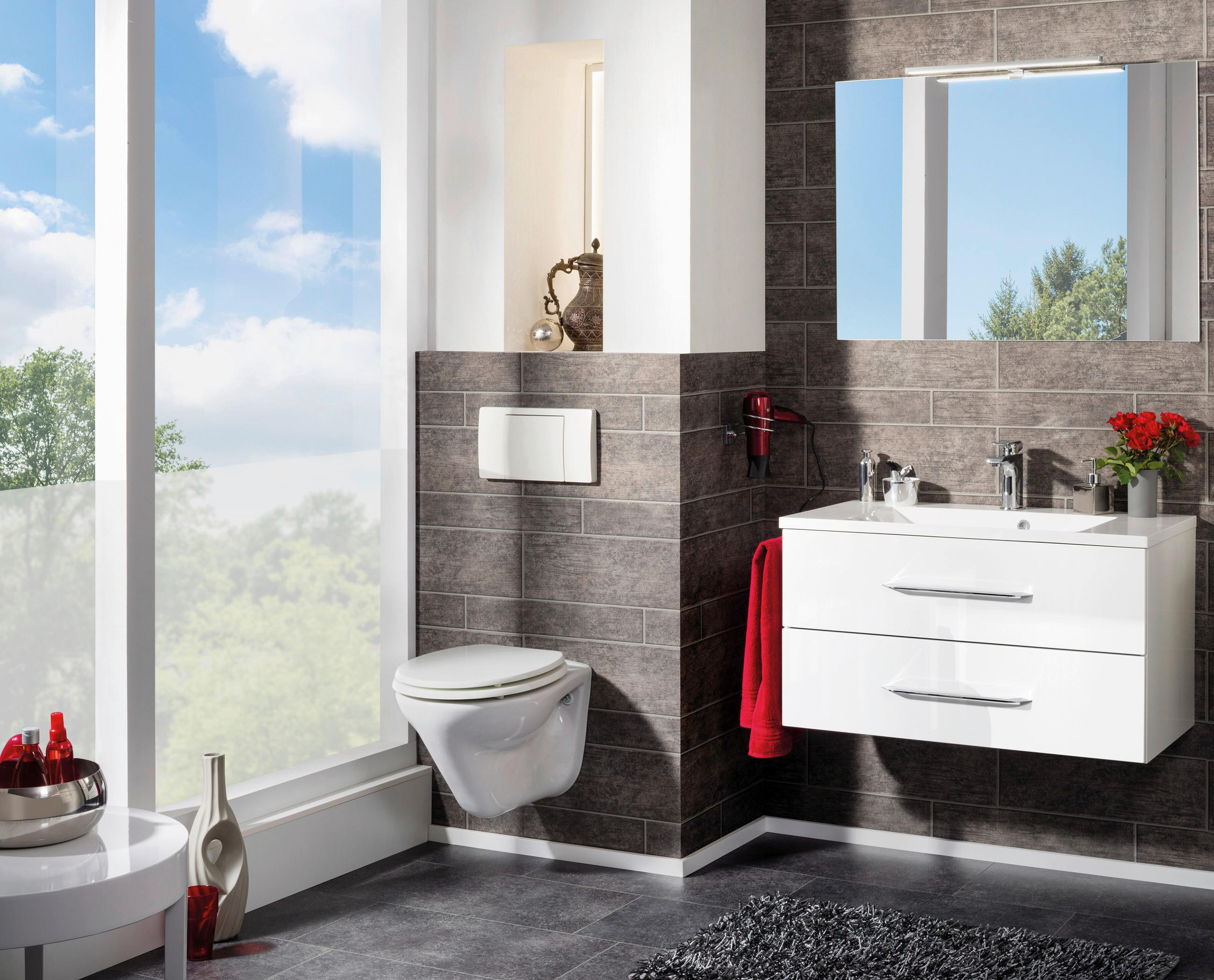 BADEZIMMER 4-teilig  in 90 cm  - Chromfarben/Weiß Hochglanz, MODERN, Holzwerkstoff/Stein (90cm) - MID.YOU