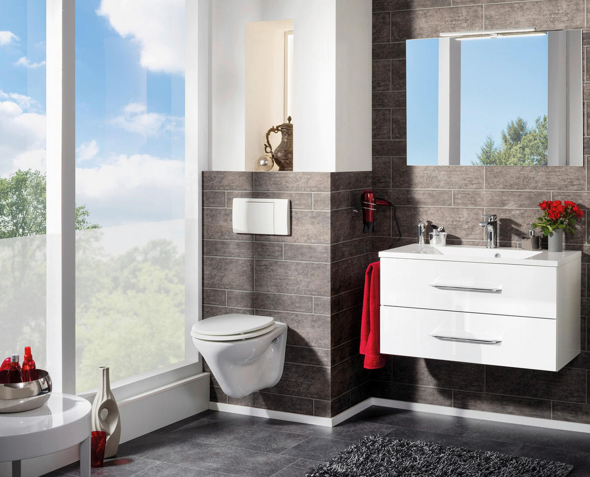 BADEZIMMER 4-teilig  in 90 cm  - Chromfarben/Weiß Hochglanz, MODERN, Holzwerkstoff/Stein (90cm) - MID.YOU