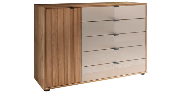KOMMODE NEW YORK, 120/86/43 cm, 5 Schublade(n)  - Eiche Bianco/Schieferfarben, KONVENTIONELL, Glas/Holz (120/86/43cm) - Venda