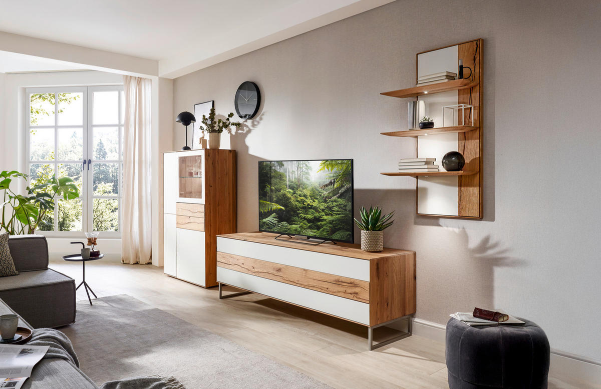 WOHNWAND  in Weiss, Eichefarben 341/205,5/54,2 cm  - Weiss/Eichefarben, Design, Glas/Holz (341/205,5/54,2cm) - Valnatura