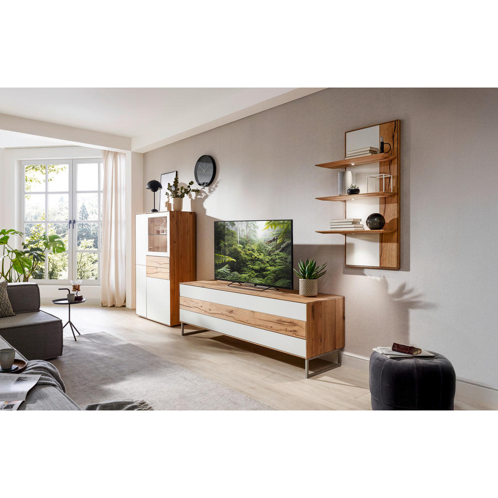 Thumbnail - Valnatura Wohnwand Solida, Weiß, Eiche, Holz, Glas, Asteiche, massiv, 8 Fächer, 1 Schublade(n) Schubladen, 341x205.5x54....