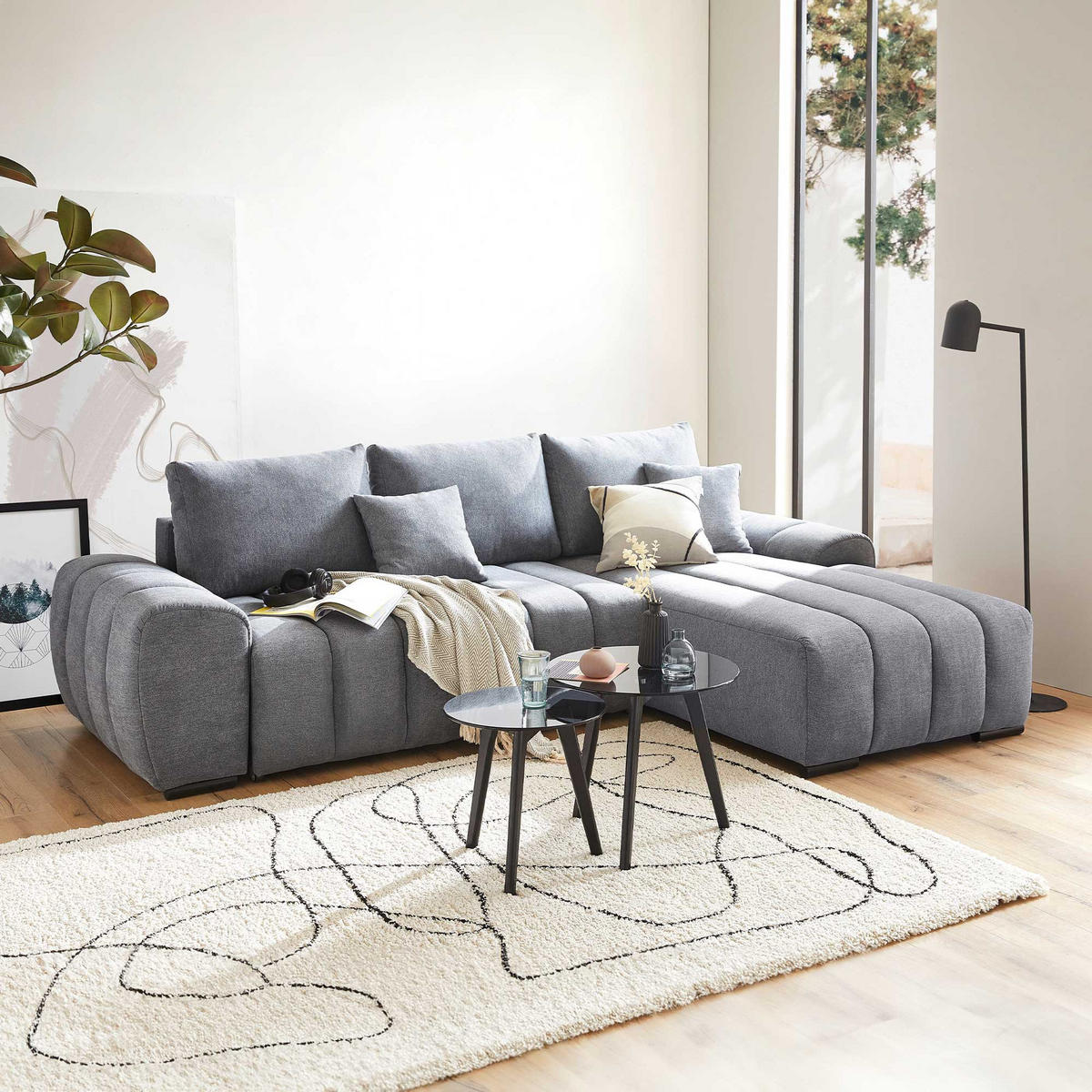 ECKSOFA Dunkelgrau Flachgewebe  - Dunkelgrau/Schwarz, KONVENTIONELL, Holz/Textil (275/180cm) - Carryhome