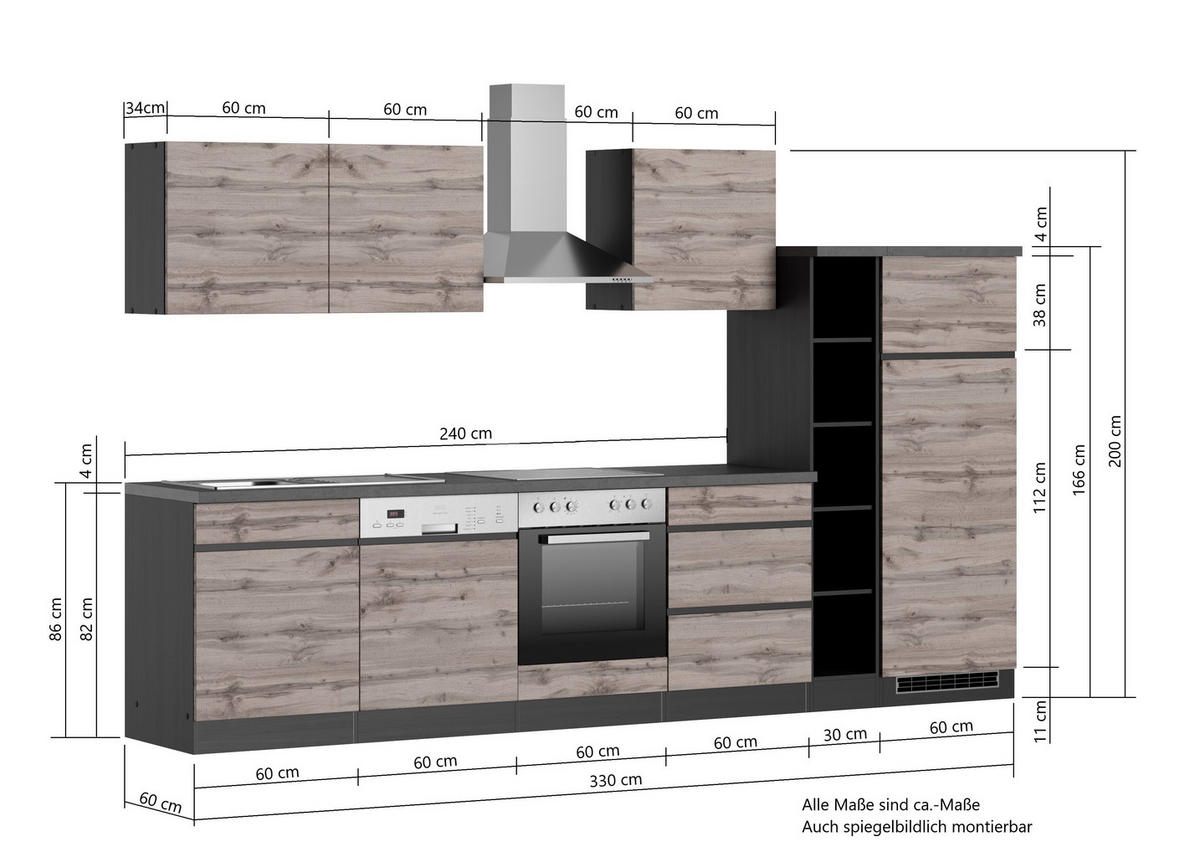 KÜCHENBLOCK 330 cm   in Graphitfarben, Eiche Wotan  - Eiche Wotan/Graphitfarben, Design, Holzwerkstoff (330cm) - Held