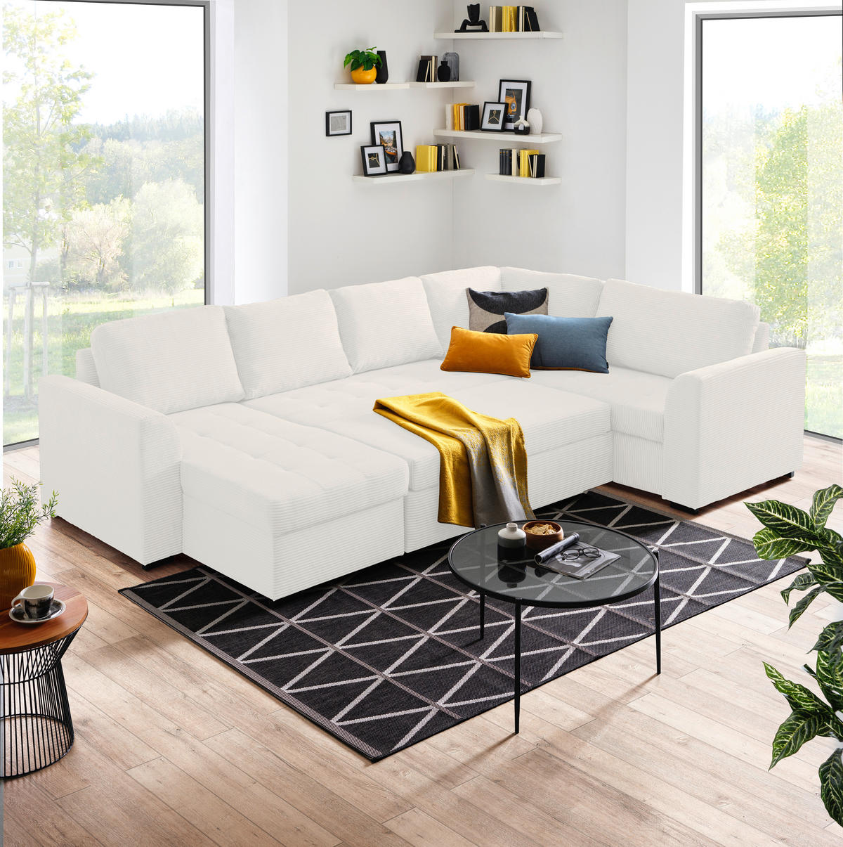 WOHNLANDSCHAFT in Cord, Velours Weiss  - Weiss/Schwarz, Design, Kunststoff/Textil (160/311/205cm) - Xora
