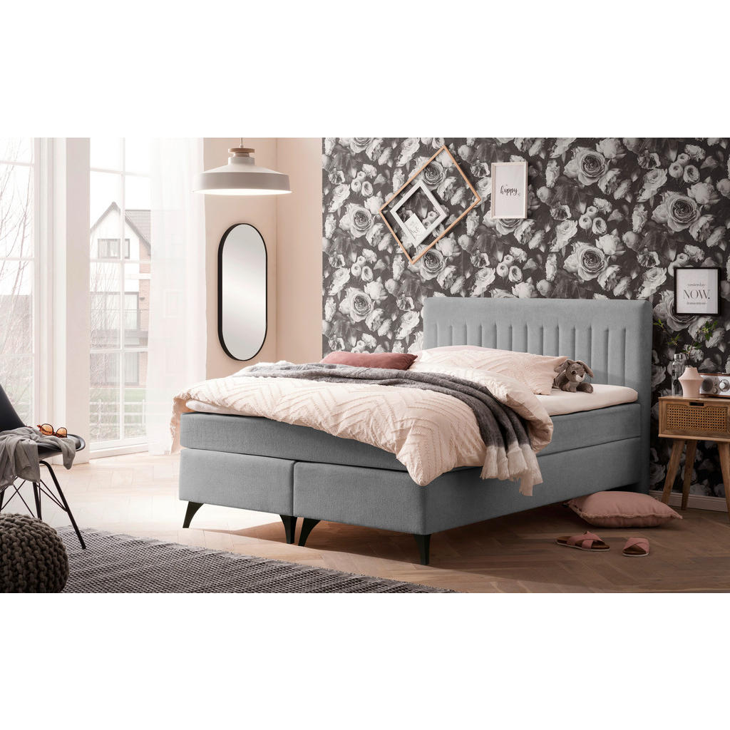 Thumbnail - Boxxx Boxspringbett, Grau, Textil, H3, Höhe ca. 17 cm, 140x200 cm, Stoffauswahl, Topper durchgehend, Matratze in verschi...