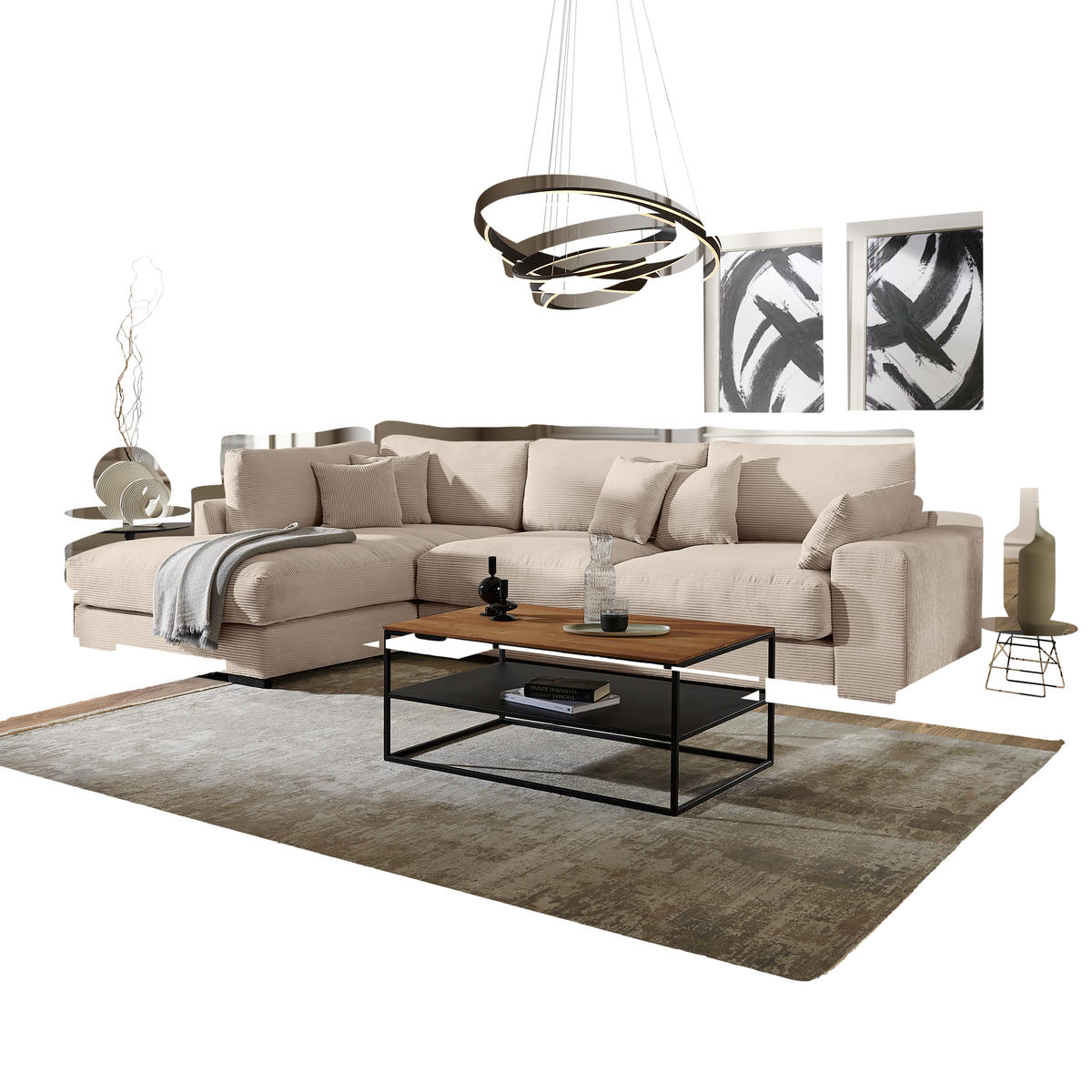 ECKSOFA in Cord Creme  205/340 cm  - Creme/Schwarz, Design, Kunststoff/Textil (205/340cm) - Lomoco