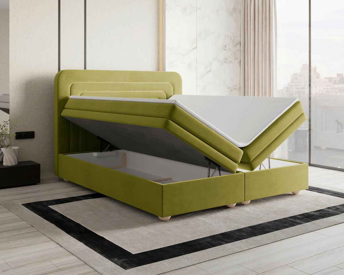 BOXBETT 180/200 cm,  in Olivgrün, gepolstertes Kopfteil, Bettkasten, Topper, H2 + H3 = mittel + fest  - Braun/Olivgrün, MODERN, Holz/Kunststoff (180/200cm) - Livetastic