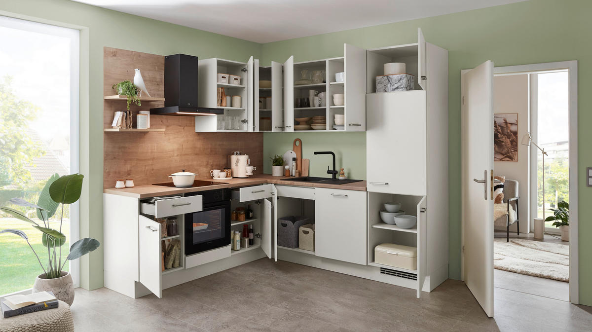 ECKKÜCHE 225/245 cm  in Eichefarben, Magnolie  - Edelstahlfarben/Eichefarben, Design, Holzwerkstoff/Metall (225/245cm) - Celina