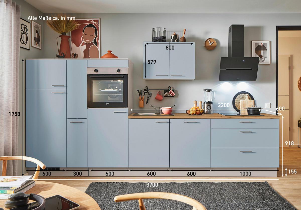 KÜCHENBLOCK PN 105 370 cm  in Eichefarben, Kaschmir, Pastellblau  - Kaschmir/Edelstahlfarben, Design, Holzwerkstoff/Metall (370cm) - Pino