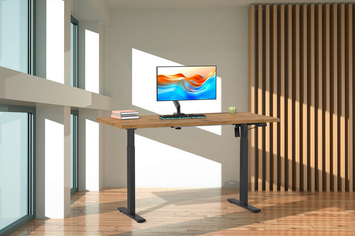 SCHREIBTISCH  in Schwarz, Honigeiche  - Honigeiche/Silberfarben, Design, Holzwerkstoff/Metall (110/71/80cm) - MID.YOU