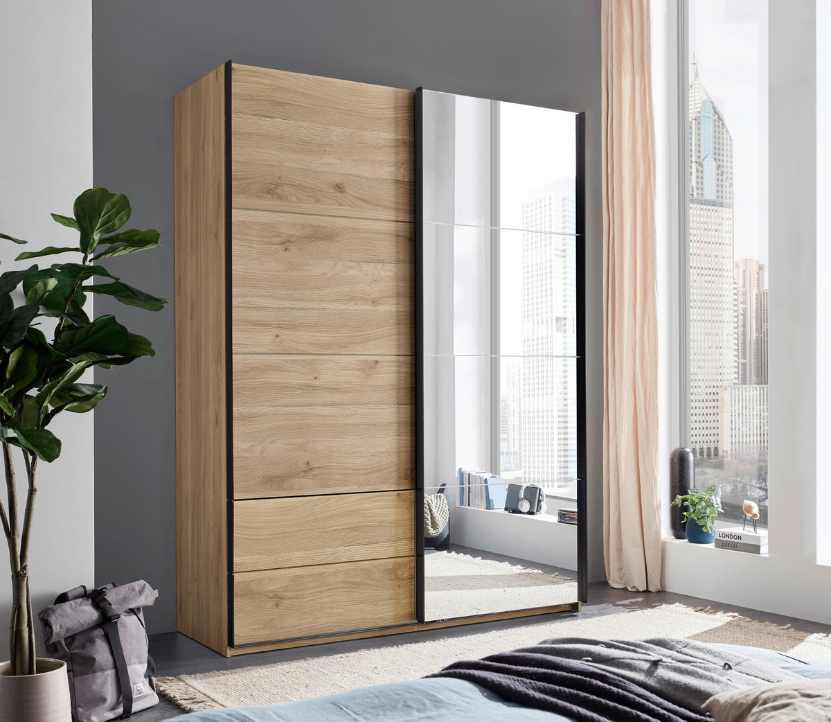 SCHWEBETÜRENSCHRANK  in Eichefarben  - Eichefarben/Schwarz, MODERN, Glas/Holzwerkstoff (170/225,5/60,5cm) - Xora