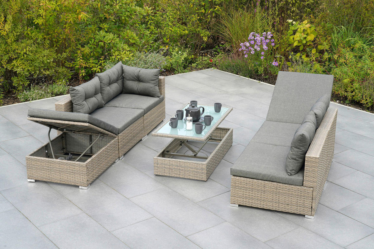 LOUNGEGARNITUR 7-teilig   Stahl  - Naturfarben/Grau, MODERN, Glas/Kunststoff - Gardenson