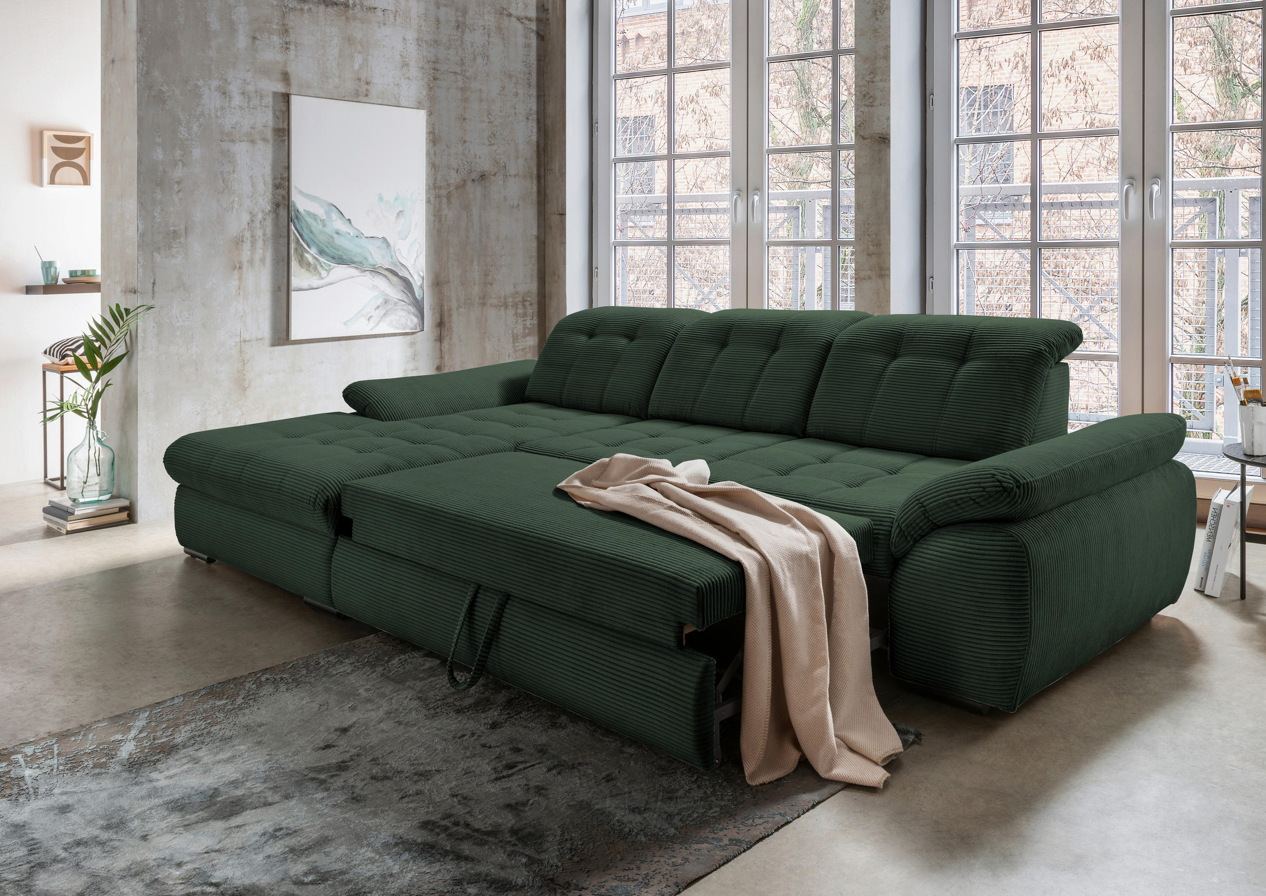 ECKSOFA in Cord Dunkelgrün  - Dunkelgrün/Schwarz, Modern, Textil/Metall (184/314cm) - Livetastic