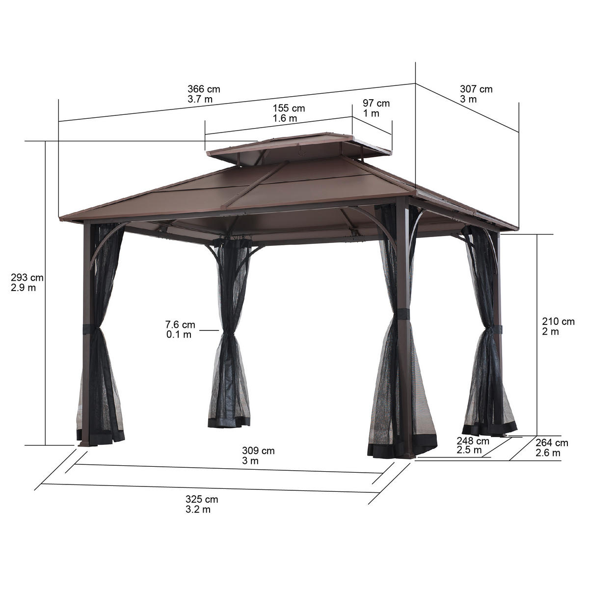 Pavillon inkl. Moskitonetz 366/293/307 cm Stahl  - Dunkelbraun/Schwarz, Basics, Metall (366/293/307cm) - Modante