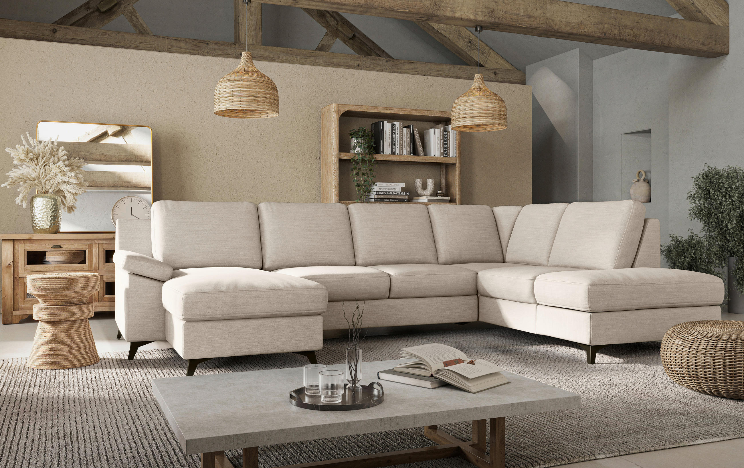 WOHNLANDSCHAFT in Flachgewebe Beige - Beige/Schwarz, Konventionell, Textil/Metall (156/309/204cm) - Cotta