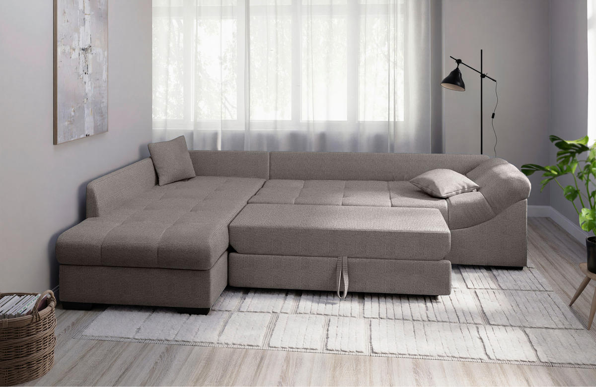 ECKSCHLAFSOFA Graubraun Chenille  - Graubraun/Schwarz, MODERN, Holz/Textil (202/298cm) - MID.YOU
